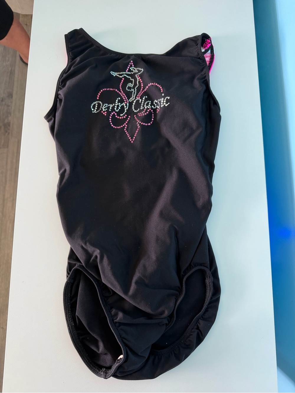 Motionwear Black Girls' Rhinestone Bodysuit with Pink Accents